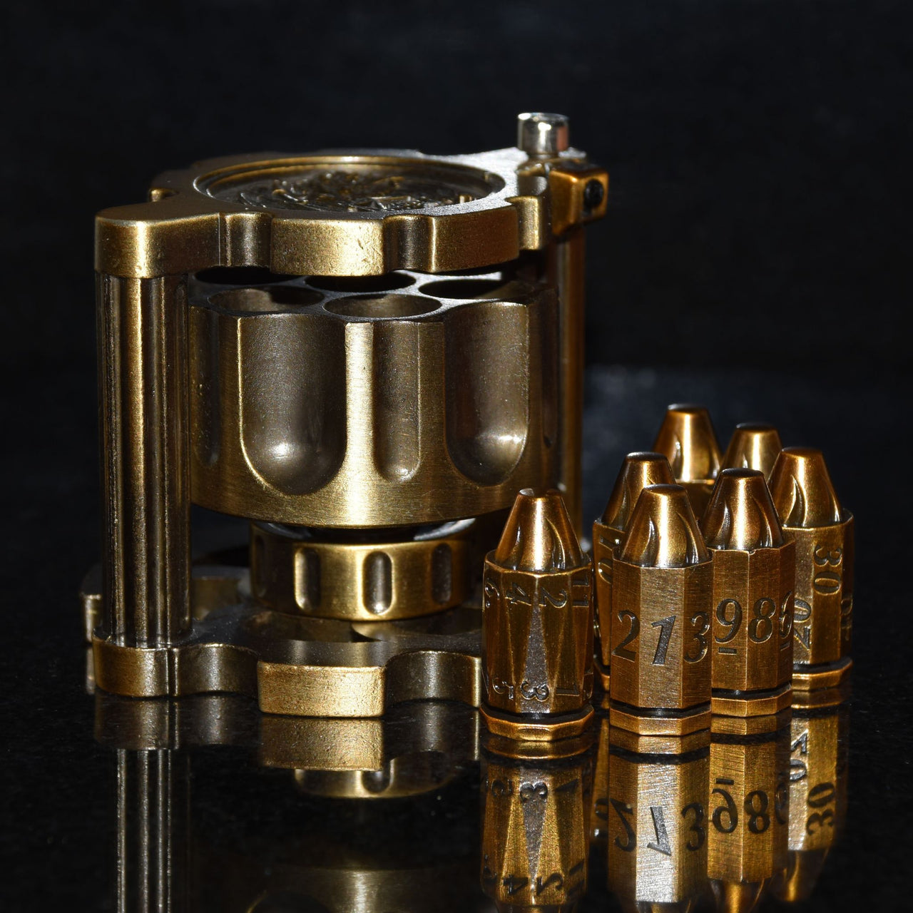Metal Bullet Revolver Dice Set - Gold