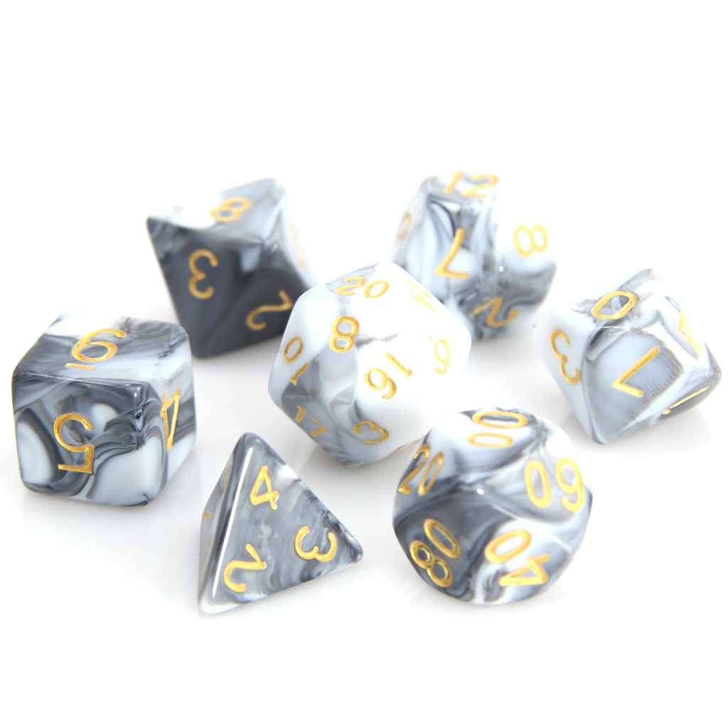 Poly Rpg Set - White/Black Marble - Dice - The Hooded Goblin