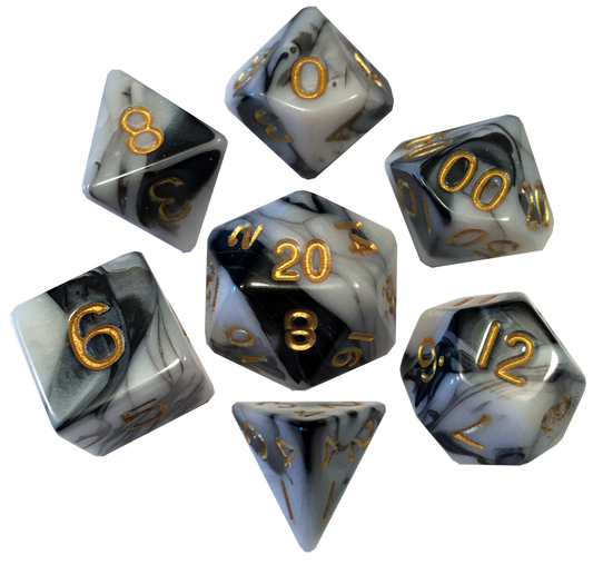 MDG Acrylic Dice Set - 7 Piece - White Black & Gold