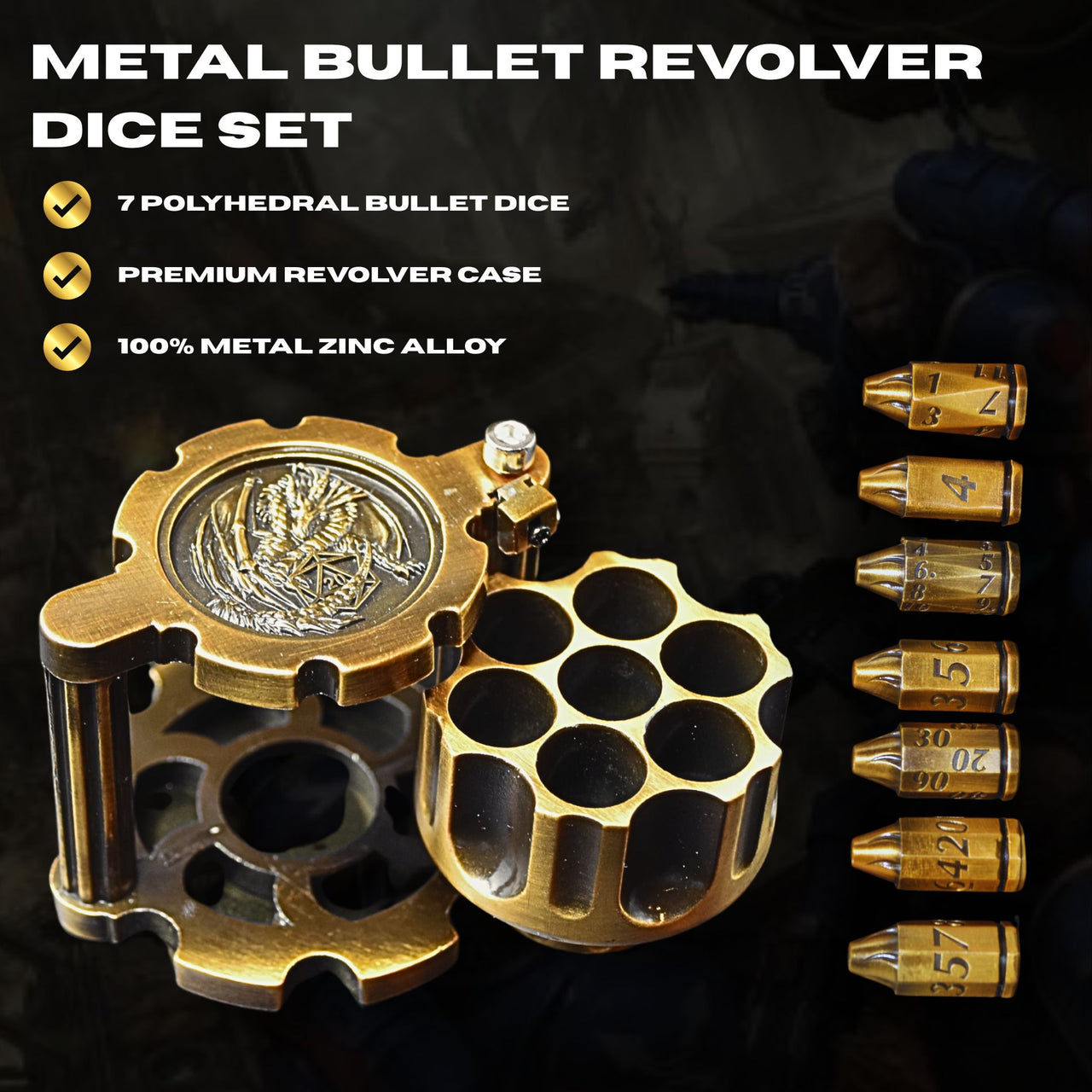 Metal Bullet Revolver Dice Set - Gold