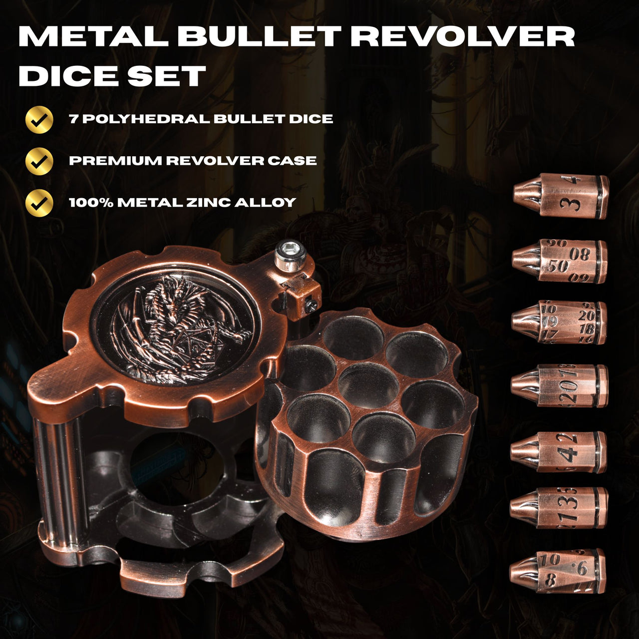 Metal Bullet Revolver Dice Set - Copper