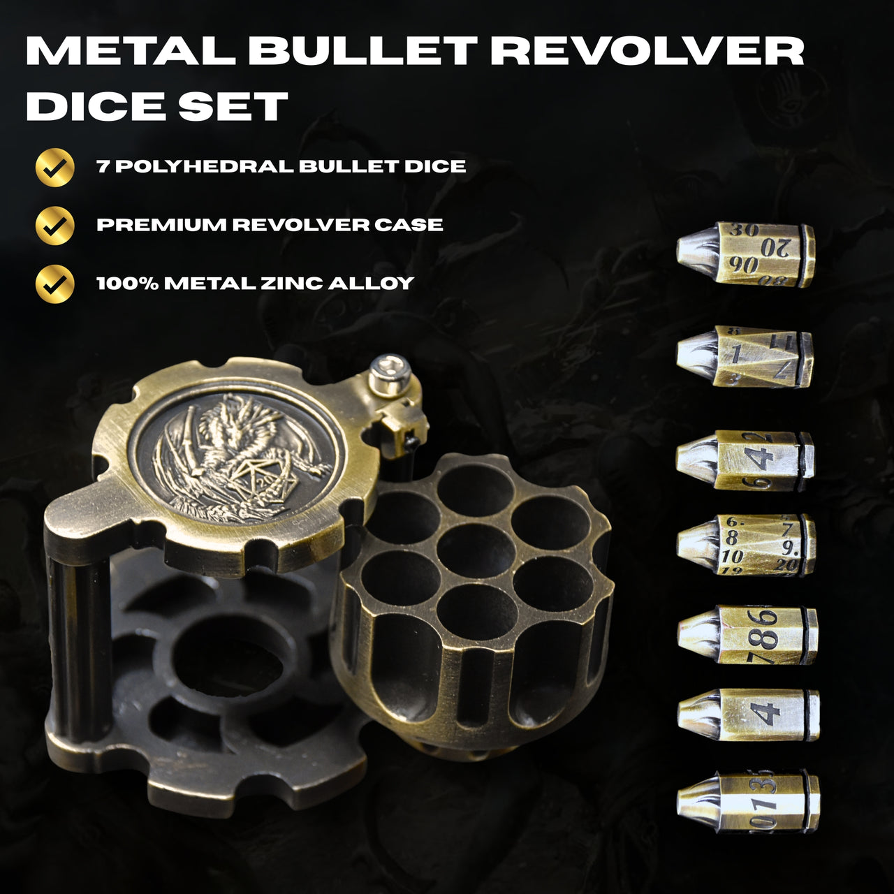 Metal Bullet Revolver Dice Set - Bronze