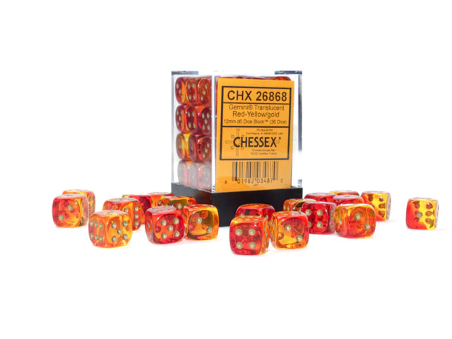 Chessex 12mm Dice Gemini Translucent: Red-Yellow/Gold