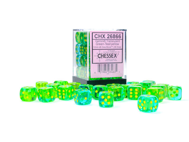 Chessex 12mm Dice Gemini Translucent: Green-Teal/Yellow