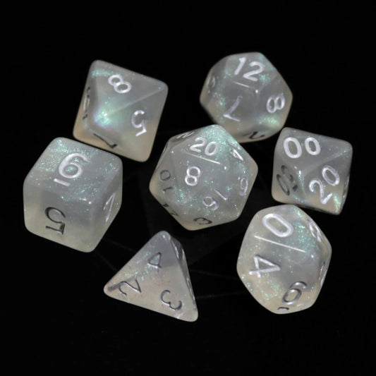 Poly Avalore Rpg Set -  Glacial Moonstone W Silver Die Hard Dice - Dice - The Hooded Goblin