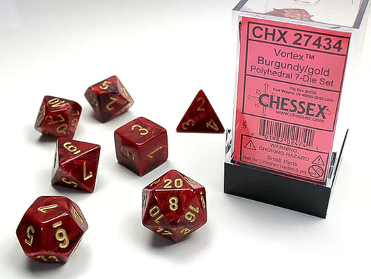 Chessex Dice: Polyhedral 7-Die Vortex Dice Set - Burgundy/Gold
