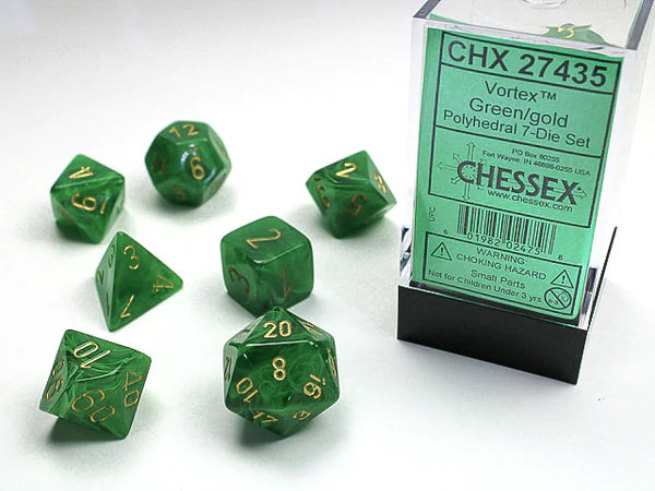 Chessex Dice: Polyhedral 7-Die Vortex Dice Set - Green/Gold