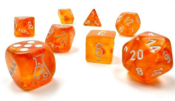 Chessex Lab Dice Set - 7 Set Borealis Blood Orange/White Luminary