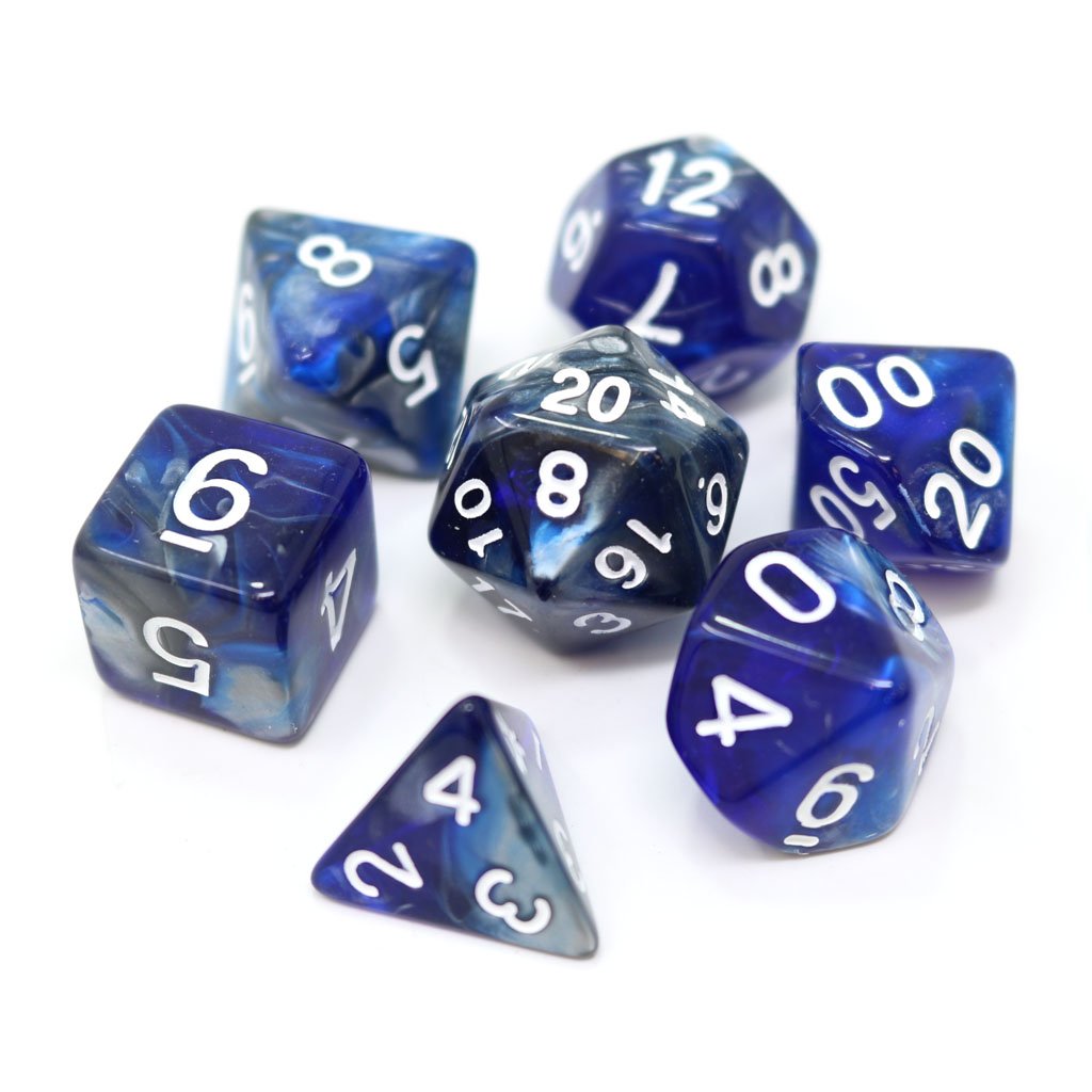 Poly Rpg Set - Silver/Blue Alloy Die Hard Dice - Dice - The Hooded Goblin