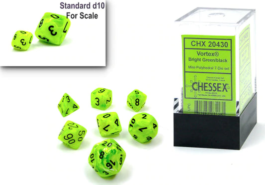 Chessex Dice - Mini Vortex Bright Green with Black - Set of 7
