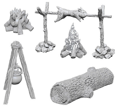 Wizkids Deep Cuts Unpainted Miniatures: Camp Fire & Sitting Log - Roleplaying Games - The Hooded Goblin